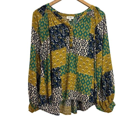 Umgee Women M Navy And Chartreuse Patchwork Blouse Long Sleeve Bold Boho - Picture 1 of 8